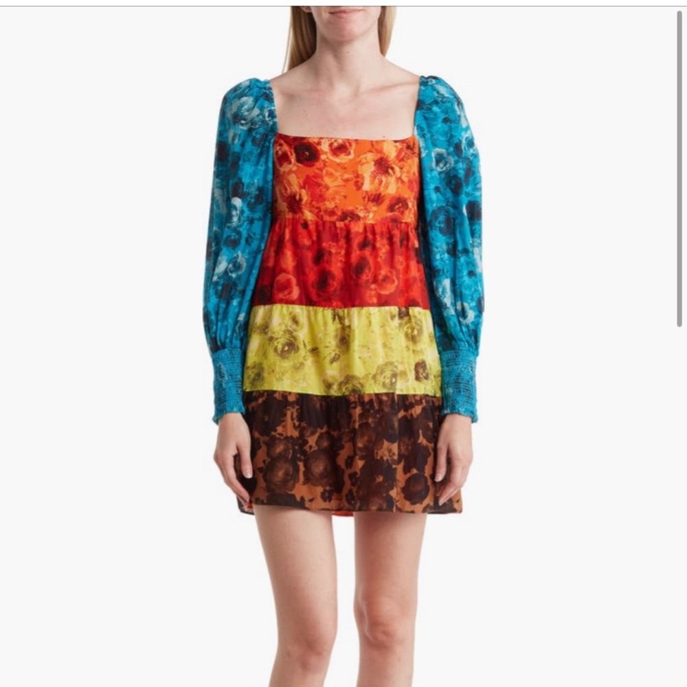Alice + Olivia Rowen Floral Babydoll Dress S Open Back Tie Mini Boho Colorblock